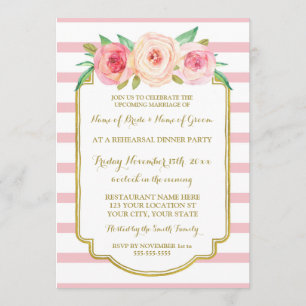 Pink Gold Floral Stripes Rehearsal Dinner Party Invitation