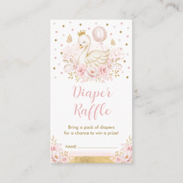 Pink Gold Floral Swan Princess Diaper Raffle Baby Enclosure Card (Front)