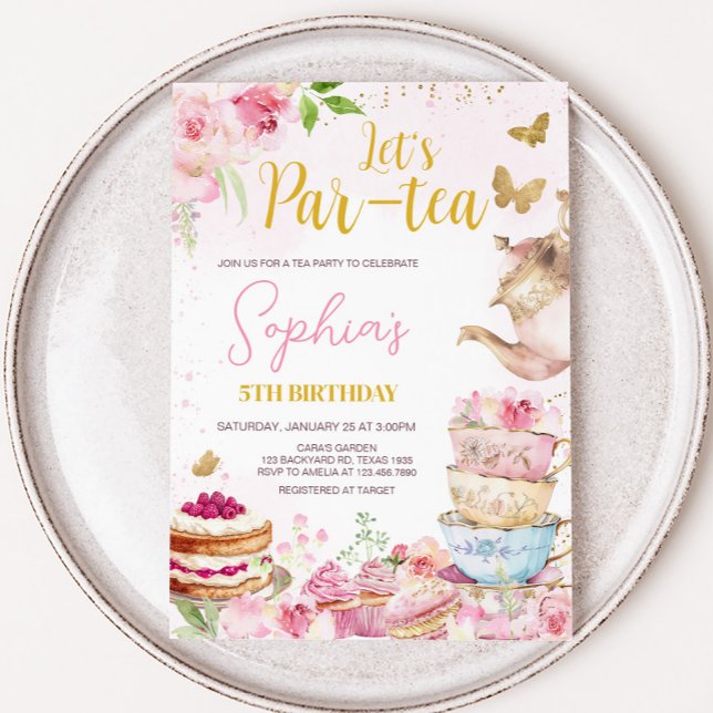 Pink Gold Floral Tea Par-Tea Birthday Party Invitation (Pink Gold Let's Tea Par-Tea Birthday Party Invitation)