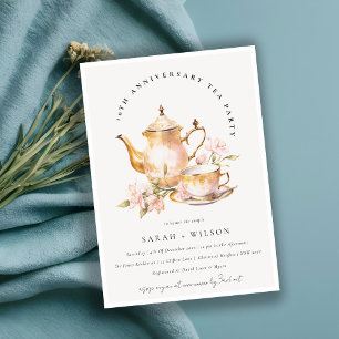 Pink Gold Floral Tea Set Anniversary Tea Party Invitation