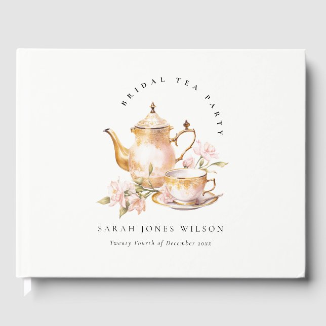 Pink Gold Floral Tea Set Bridal Shower Tea Party  Guest Book (Front)