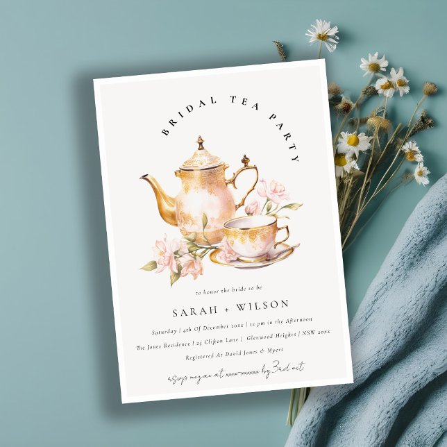 Pink Gold Floral Tea Set Bridal Shower Tea Party  Invitation (Creator Uploaded)