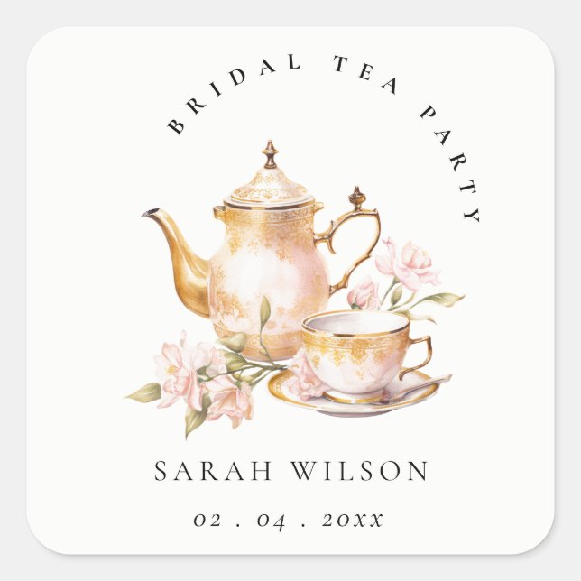 Pink Gold Floral Tea Set Bridal Shower Tea Party  Square Sticker (Front)