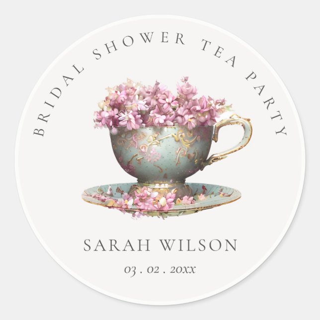Pink Gold Floral Teacup Bridal Shower Tea Party  Classic Round Sticker (Front)