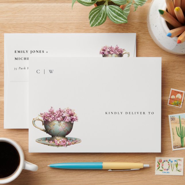 Pink Gold Floral Teacup Bridal Shower Tea Party  Envelope (Desk)