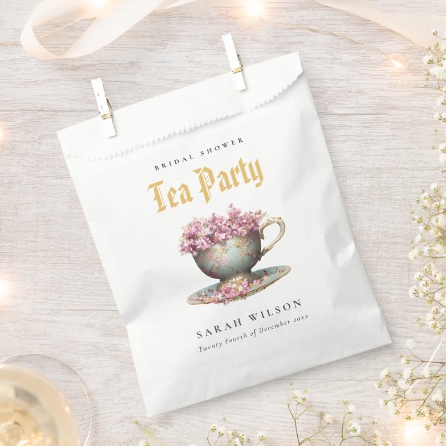 Pink Gold Floral Teacup Bridal Shower Tea Party  Favour Bags (Clipped)
