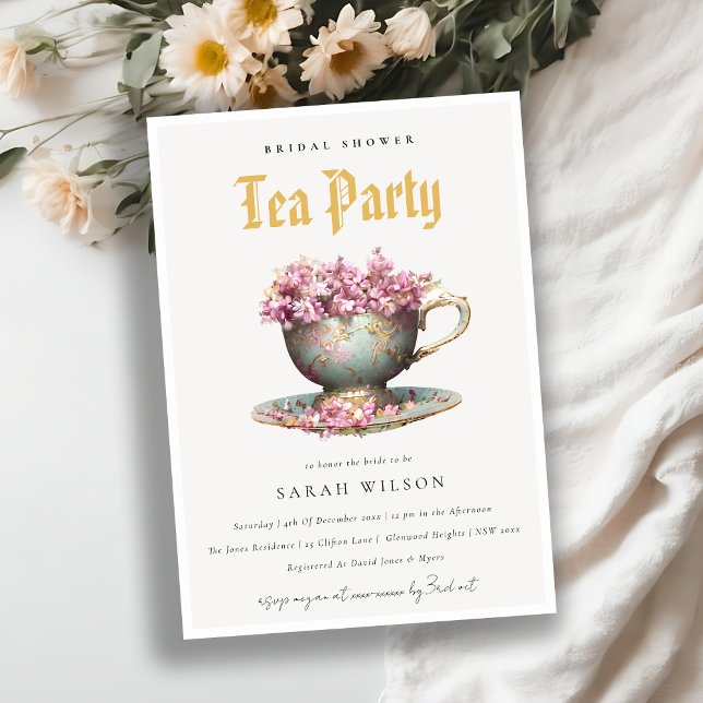 Pink Gold Floral Teacup Bridal Shower Tea Party  Invitation (Creator Uploaded)