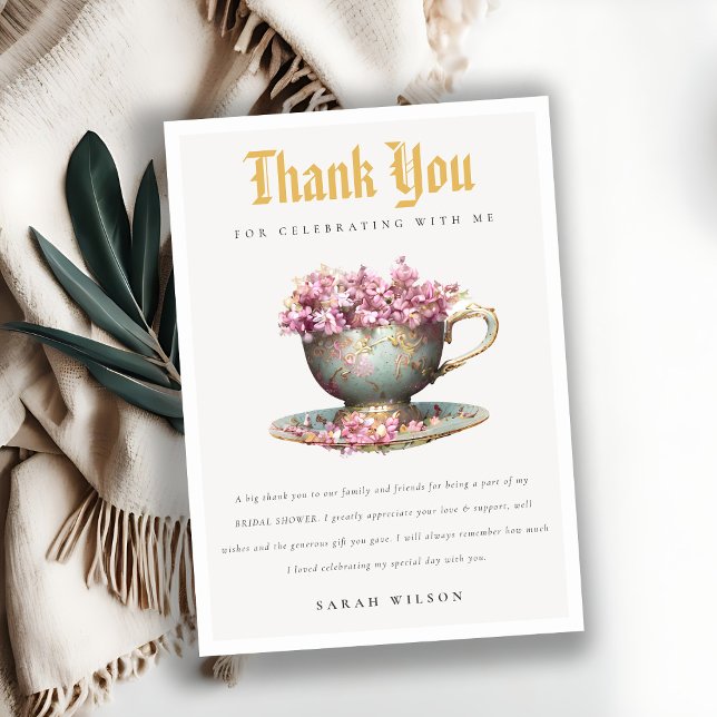 Pink Gold Floral Teacup Bridal Shower Tea Party  Thank You Card (Creator Uploaded)