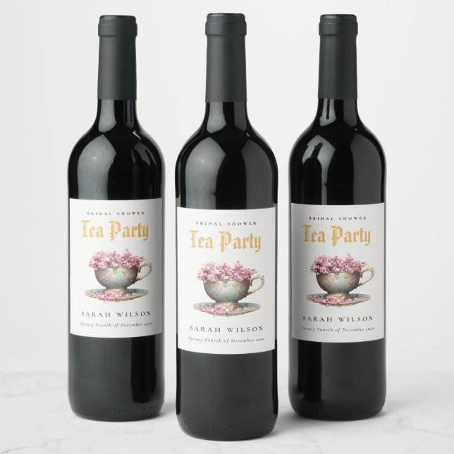 Pink Gold Floral Teacup Bridal Shower Tea Party  Wine Label (Bottles)