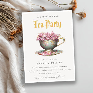 Pink Gold Floral Teacup Couples Shower Tea Party Invitation
