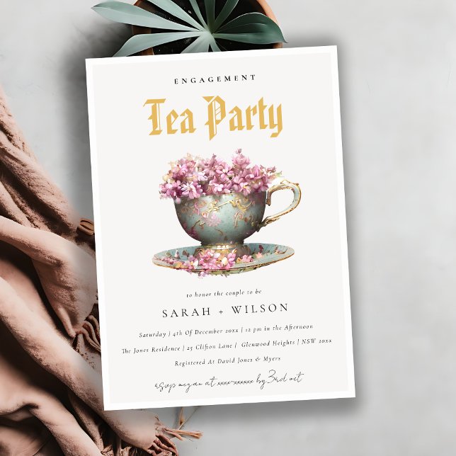 Pink Gold Floral Teacup Engagement Tea Party  Invitation (Creator Uploaded)
