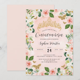 Pink Gold Floral Tiara Butterfly Quinceanera  Invitation