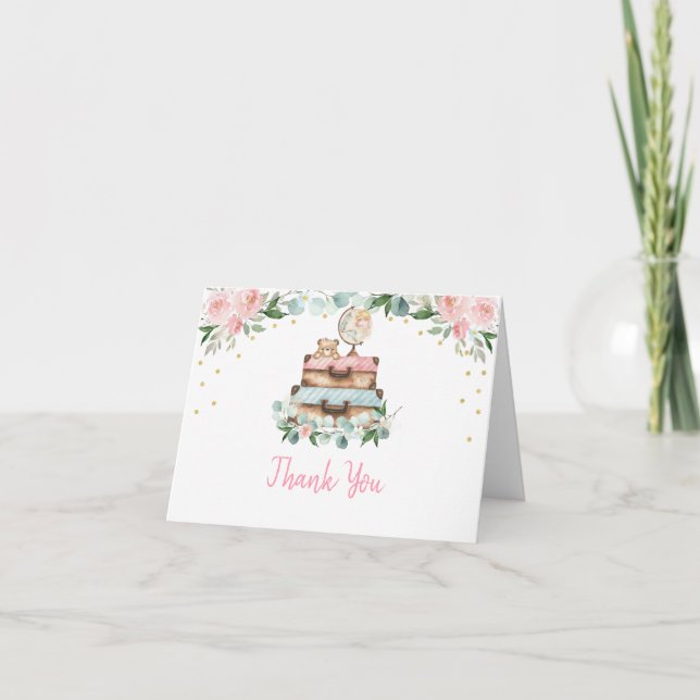 Pink Gold Floral Travel Baby Shower Thank You Card (Front)