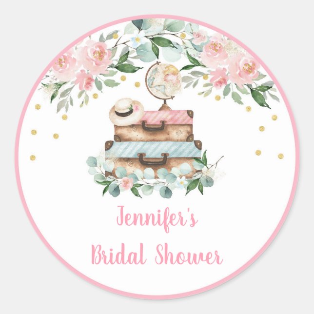 Pink Gold Floral Travel Bridal Shower Classic Round Sticker (Front)