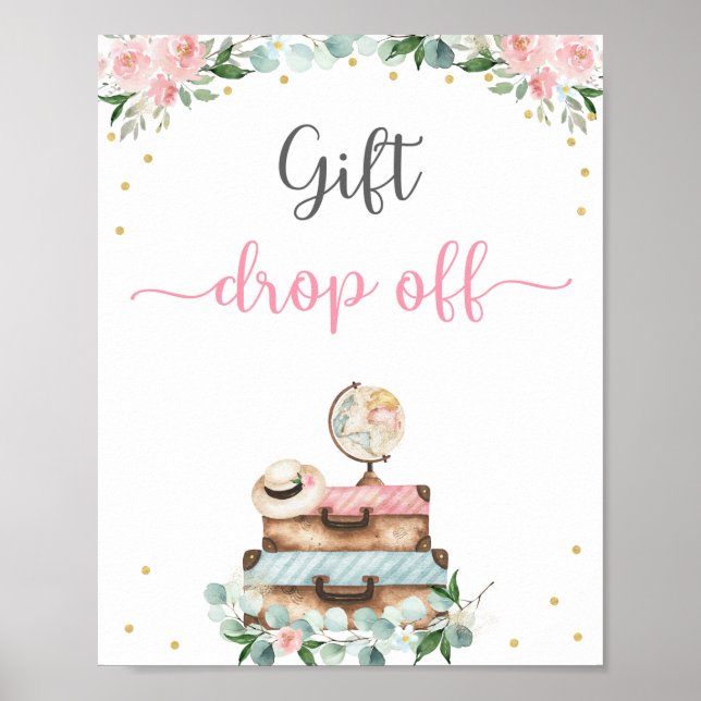 Pink Gold Floral Travel Bridal Shower Gift Sign (Front)