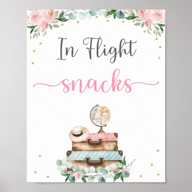 Pink Gold Floral Travel Bridal Shower Snack Sign (Front)