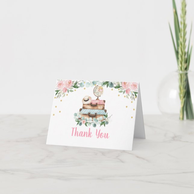 Pink Gold Floral Travel Bridal Shower Thank You Card (Front)
