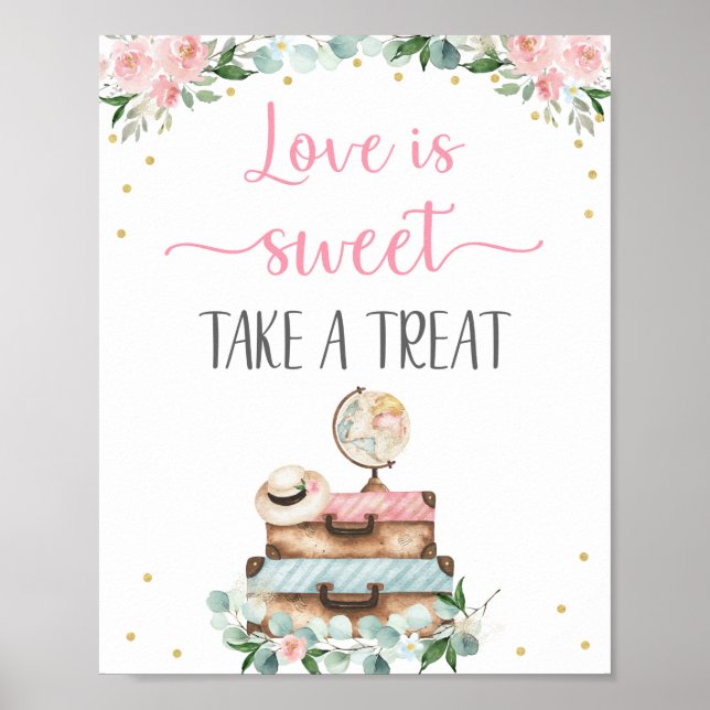 Pink Gold Floral Travel Bridal Shower Treat Sign (Front)