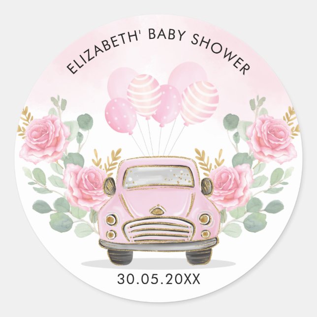 Pink Gold Floral Travel Drive By Shower Favours Classic Round Sticker (Front)