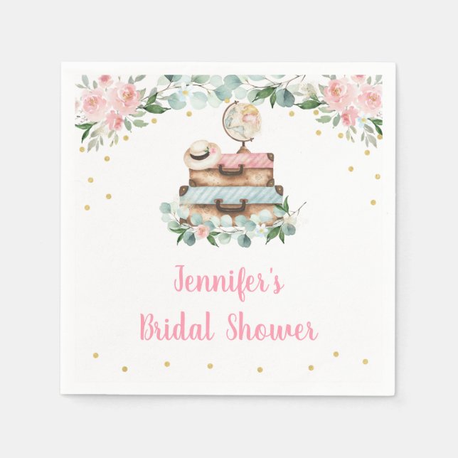 Pink Gold Floral Travel Miss to Mrs Bridal Shower Napkin (Front)