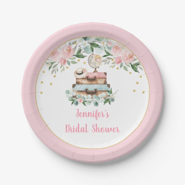 Pink Gold Floral Travel Miss To Mrs Bridal Shower Paper Plate (Front)
