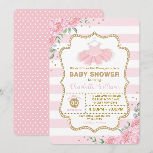 Pink Gold Floral Tutu Ballerina Girl Baby Shower Invitation (Front/Back)