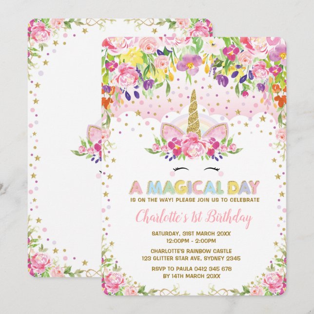 Pink Gold Floral Unicorn Birthday Invite Rainbow (Front/Back)