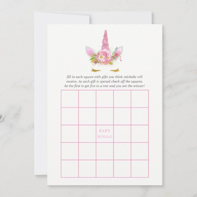 Pink & Gold Floral Unicorn Girl Baby Shower Bingo (Front)