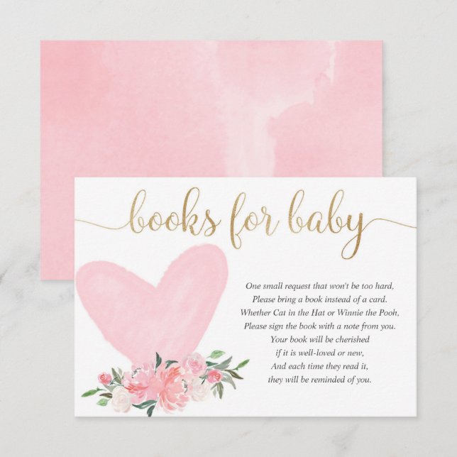 Pink gold floral valentines heart books for baby enclosure card (Front/Back)