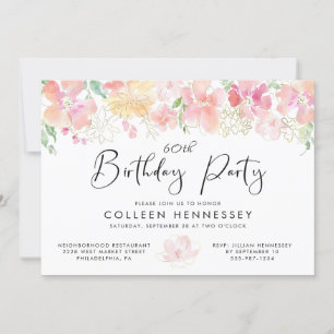 Pink Gold Floral Watercolor 60th Birthday Invitation
