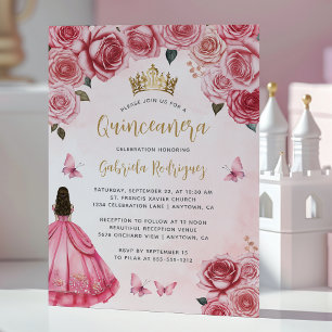 Pink Gold Floral Watercolor Quinceañera Invitation