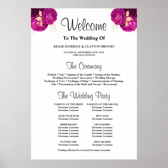 Pink/Gold Floral Wedding Ceremony Program Sign (Front)