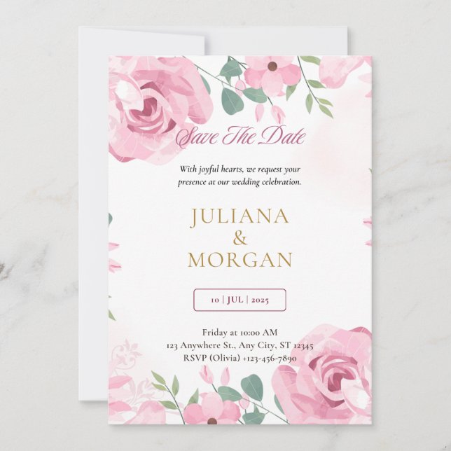 Pink & Gold Floral Wedding Invitation Template | E (Front)