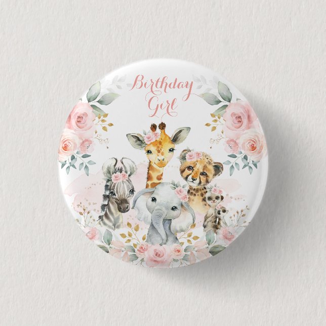 Pink Gold Floral Wild Jungle Safari Birthday Girl 3 Cm Round Badge (Front)