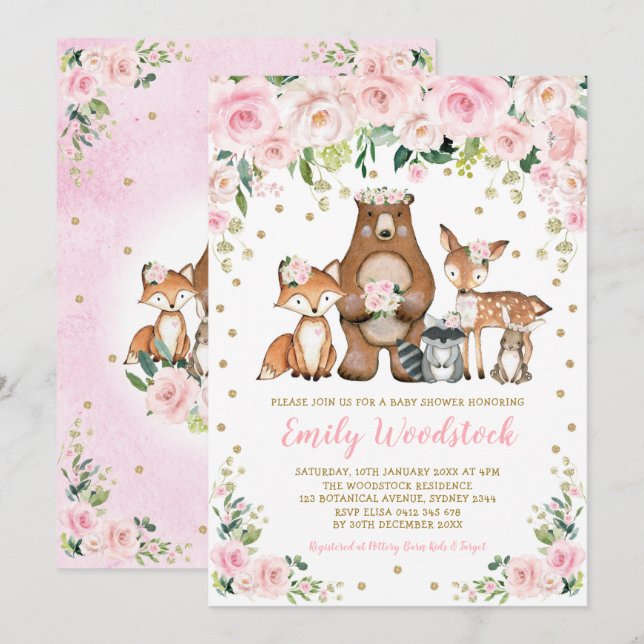 Pink Gold Floral Woodland Animals Girl Baby Shower Invitation (Front/Back)