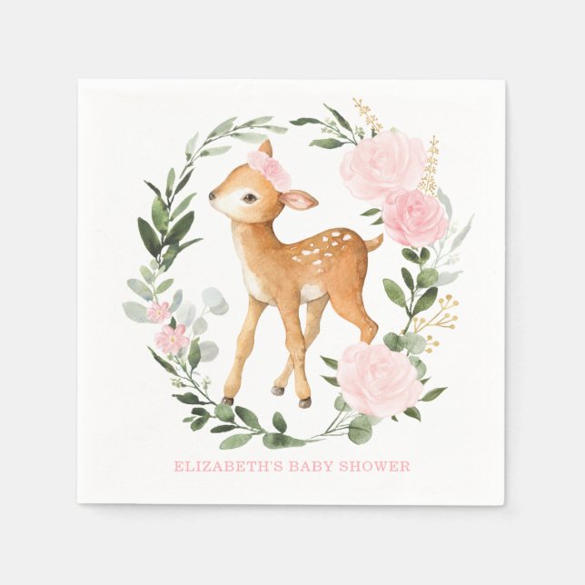 Pink Gold Floral Woodland Deer Fawn Baby Shower Napkin (Front)