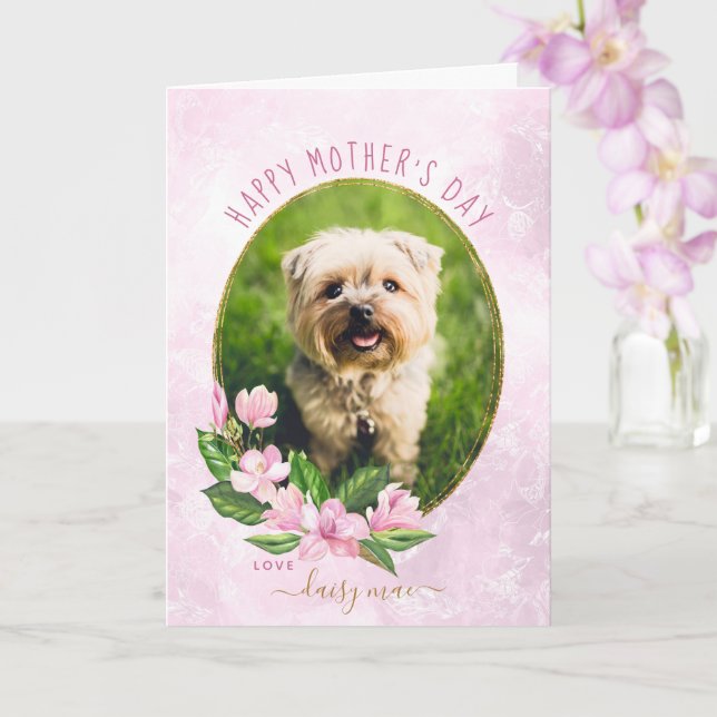 Pink Gold Floral Wreath Dog Photo Mother's Day Card (Orchid)