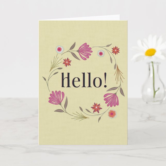 Pink & Gold Floral Wreath Hello Greeting Card (Small Plant)
