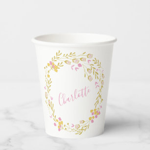 Pink Gold Floral Wreath Personalised Name Party Paper Cups