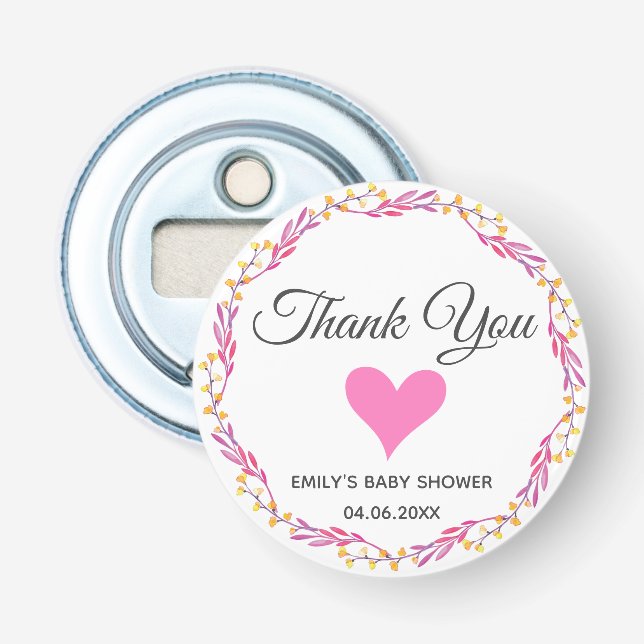 Pink & Gold Floral Wreath Thank You Baby Shower Bottle Opener (Front)