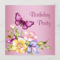 Pink Gold Flowers Butterfly Womans Birthday Party