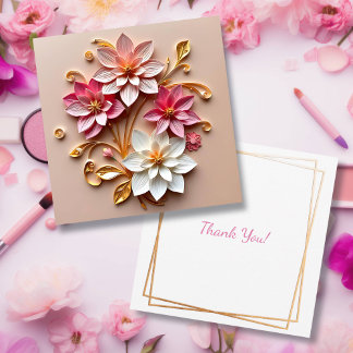 Pink & Gold Flowers Faux Paper Quilling Thank You Card