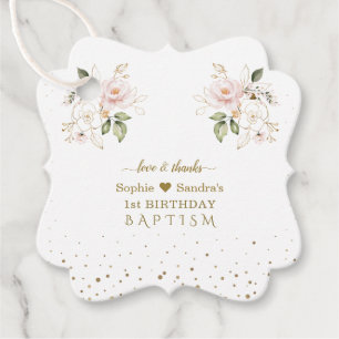 Pink Gold Flowers Girls Twins 1st Birthday Baptism Favour Tags