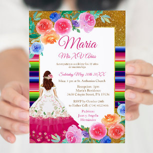Pink Gold Flowers Mis XV Anos Birthday Invitation