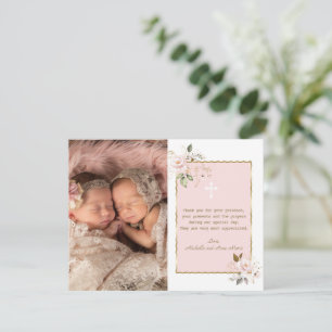 Pink Gold Flowers Photo Girls Twins Baptism Thank You Card