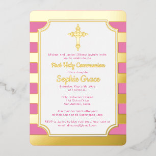 Pink, Gold Foil Stripe 1st Communion Invite, Cross
