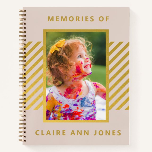 Pink Gold Foil Stripes Child Memory Notebook (Front)