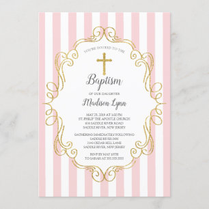 Pink & Gold Frame Girls Baptism Invitation