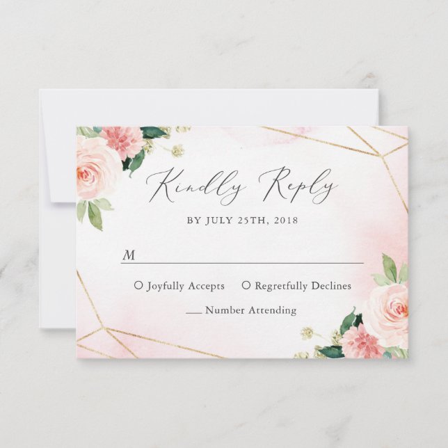Pink & Gold Geometric Floral Watercolor RSVP Card (Front)