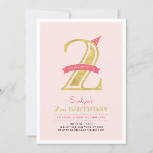 Pink & Gold Girl 2nd Birthday Party Invitation